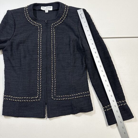 St John Collection By Marie Gray Knit Blazer Size 10 Black Gold Chain Zip Up - Picture 9 of 9